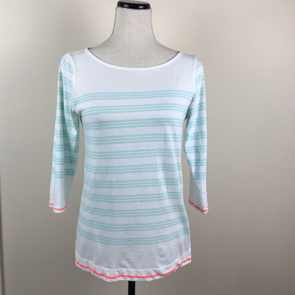 Gap Striped Boatneck Three-Quarter Sleeve Top - White & Light Aqua